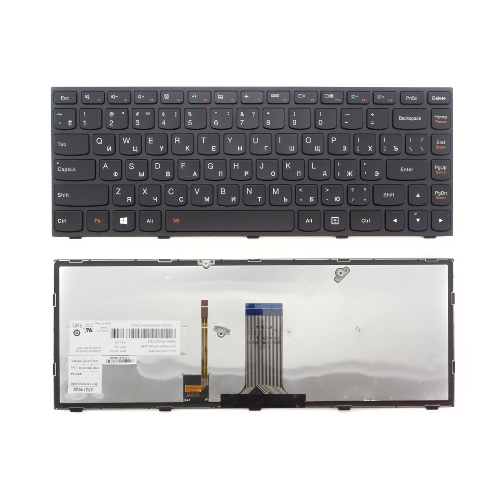 Клавиатура для ноутбука Lenovo Flex 2 14 черная с черной рамкой, с подсветкой